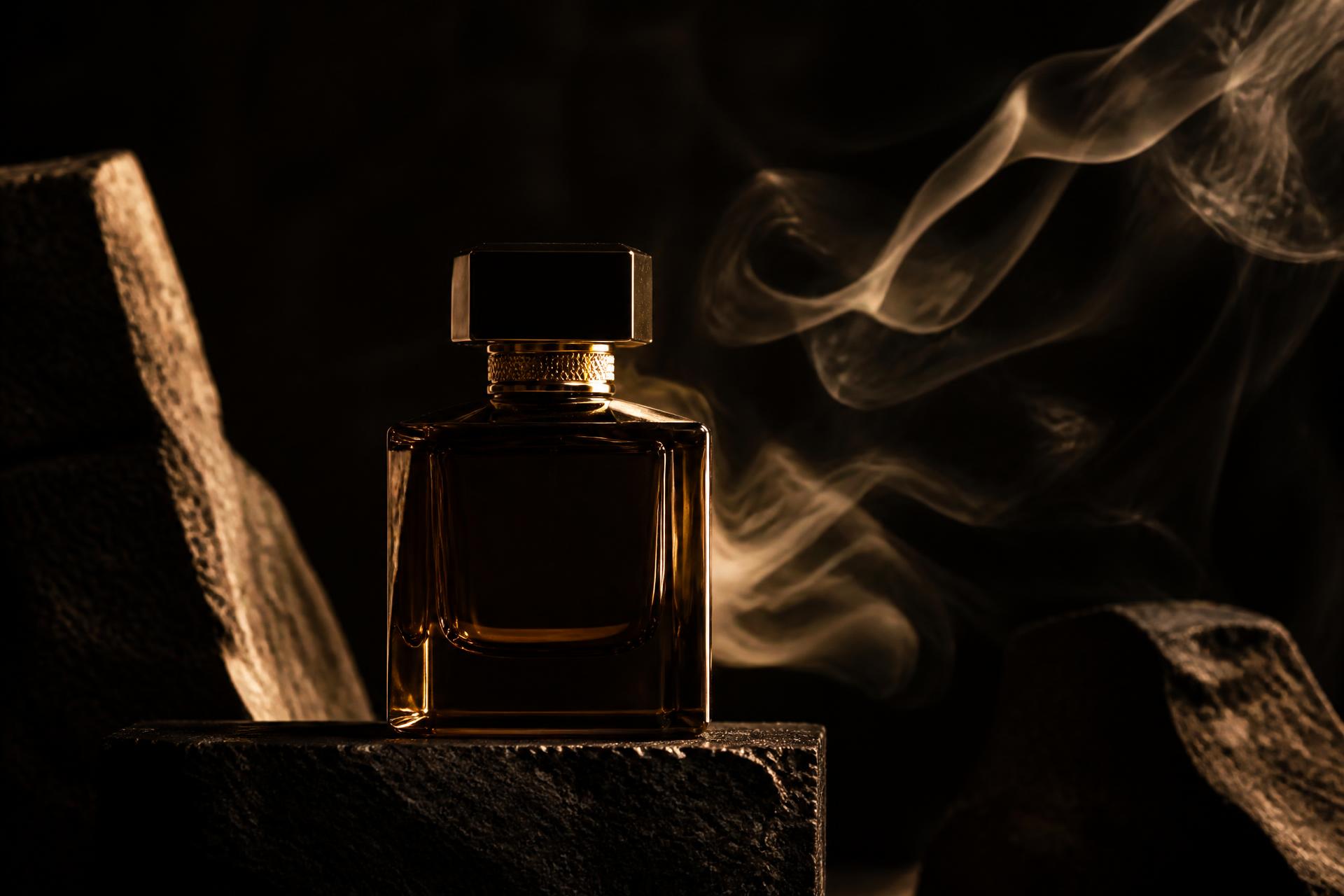 Amber glass perfume bottle lit by a single warm light against a dark background